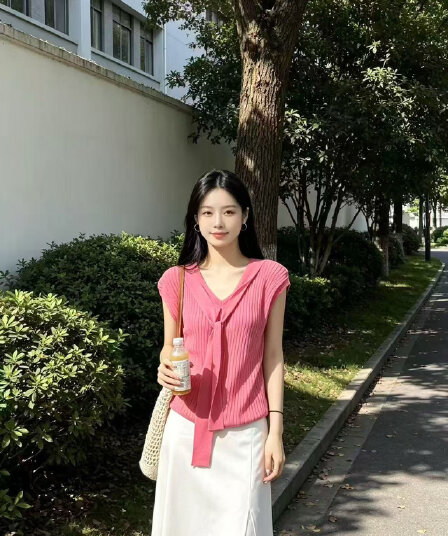 새로운 리본 V넥 니트 스웨터 풀오버 털 셔츠 몸매 가꾸기 맨위 여성