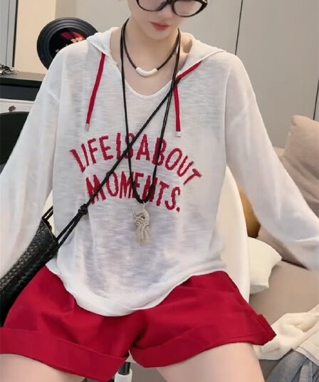 유럽 한 패치워크 색상 알파벳 펌프 로프 후드 태양 보호 셔츠 여성 여름 신조류 외국 가스 마이크로 ~을 통해 긴팔 티셔츠 루즈핏 얇은 맨위