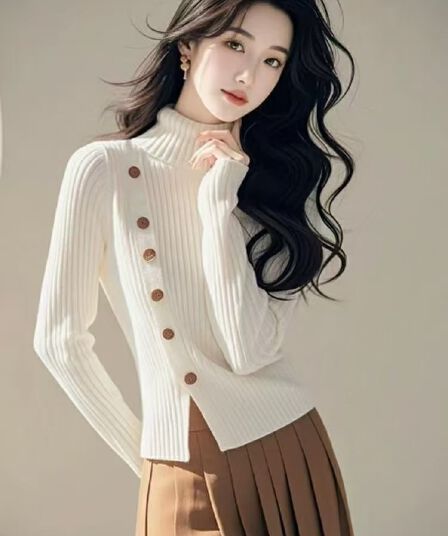 한 부서 chic 화이트 우유 fufu 터틀넥 작은 트임 니트 스웨터 여자 가을 겨울철 패션 작은 대중 Chic 맨위
