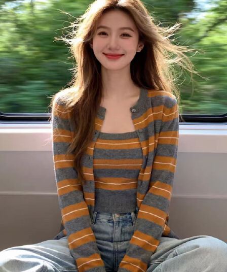 한 부서 주황색 스트라이프 스택 착용 니트 오픈 가디건 여성 조기 가을 디자인 센스 스웨터 코트 외부 가져 가라. 두 조각 스타일 맨위