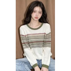 批发十三行2026早秋新款韩系复古撞色条纹<b class='q'>针织</b>衫女镂空薄款长袖毛衣