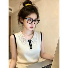 批发韩系钩花镂空无袖<b class='q'>针织</b>背心女夏季新款温柔风百搭上衣