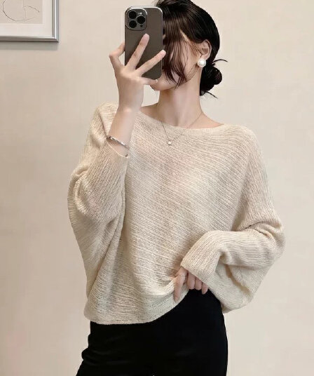 오트밀 색상 오프숄더 긴팔 털 니트 스웨터 여성 봄 가을 유럽 상품 불규칙 디자인 센스 배트윙 소매 인사이드 잡아라. 의류