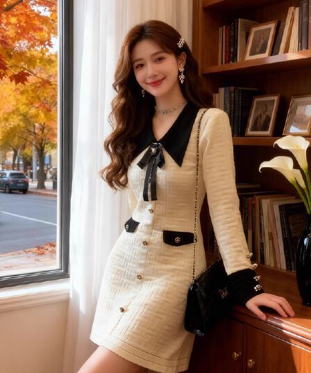 명문 여성 팬 품격 느긋한 바람 몸매 가꾸기 여성 드레스 2026 가을 겨울 패션 나비 매듭 만나는 니트 원피스 아이들