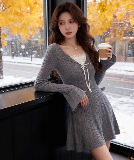 해군 칼라 프랑스식 여성 드레스 2026 가을 겨울 새로운 디자인 센스 외국 가스 허리 수축 슬림해 보이는 한국 스타일 작은 치마