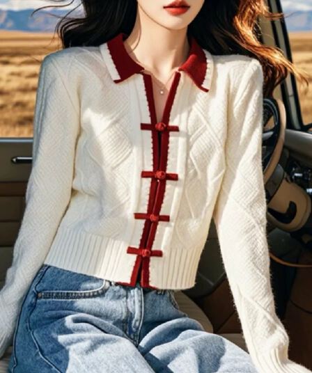 새로운 중식 국풍 패치워크 색상 POLO 칼라 긴팔 니트 스웨터 스웨터 여자 조기 가을 새로운 아니요 명중 섹션 맨위