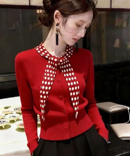 빨간색 도트 무늬 스카프 칼라 스웨터 여자 고유 한 아름다운 크리스마스 신년 겨울 인사이드 가져 가라. 수 있습니다. 외출용 니트 스웨터 맨위