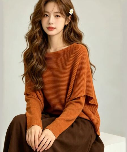 품격 부드러운 디자인 센스 숄 페이크 레이어드 니트 스웨터 여성 가을 새로운 이른 가을 새로운 단색 긴팔 맨위