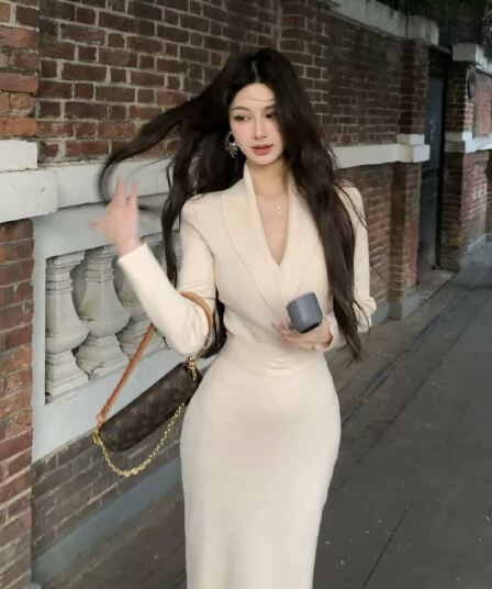 대 또한 수영장 양모 V넥 니트 여성 드레스 가스 질감 허리 수축 타이트 스커트 롱 스커트 몸매 가꾸기 바지 스커트