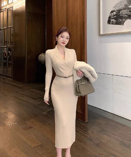 2026 년 V넥 니트 타이트 스커트 드레스 여성 겨울 프랑스식 사소한 품격 긴팔 스웨터 드레스 몸매 가꾸기 롱 스커트