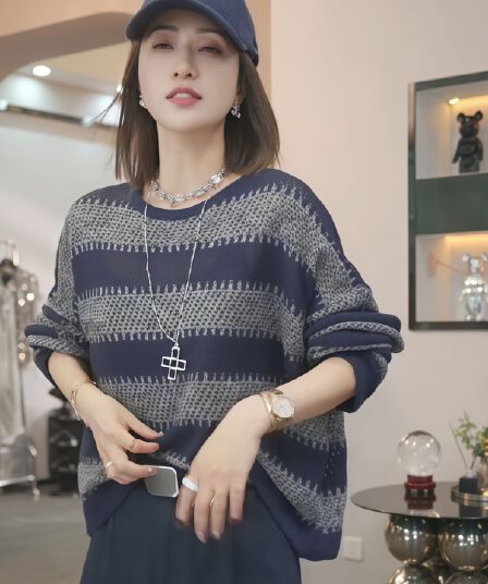 긴팔 스트라이프 홀로우 아웃 니트 스웨터 여성 이른 가을 커피 색상 기본 셔츠 2025 새로운 한 부서 느긋한 루즈핏 여성 셔츠