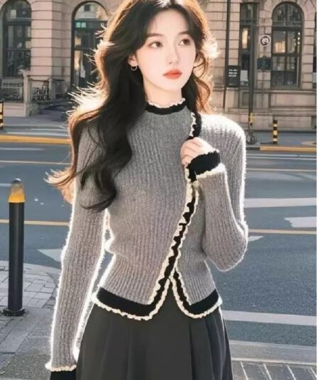 한국 스타일 품격 고급 센스 레이스 패치워크 긴팔 스웨터 여자 몸매 가꾸기 슬림해 보이는 연령 감소 불규칙 부드러운 바람 맨위