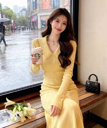 POLO 칼라 니트 여성 드레스 2026 가을 겨울철 한 부서 분위기 센스 프랑스식 빛 요리 한 품격 무릎 아래 길다 치마