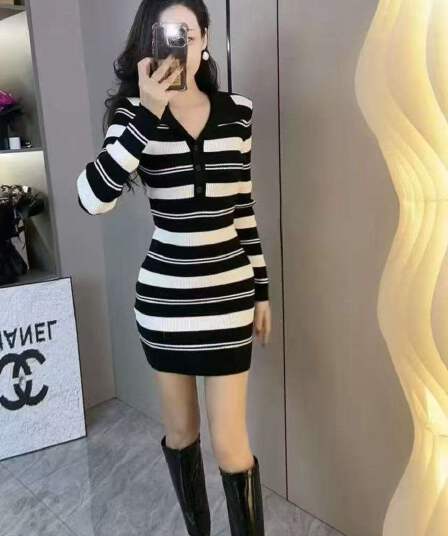 한국 품격 명문 여성 홍콩 스타일 polo 폴로 칼라 배색 스트라이프 니트 스웨터 드레스 몸매 가꾸기 ol 타이트 스커트 미니 스커트