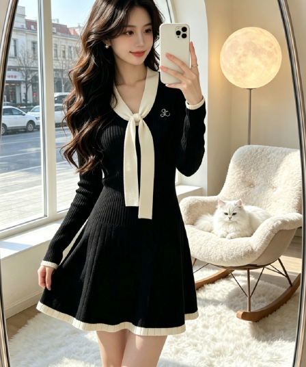 레드 맨 큐레이터 소매 여성 드레스 가을 자이언트 잘 생긴 ~ 중 프랑스식 검정색 관대 한 점잖은 아름다운 페이크 레이어드 치마