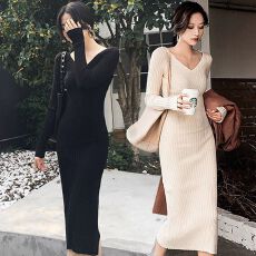 批发配大衣毛衣裙子女秋冬<b class='q'>中长款</b>修身洋气内搭打底女士过膝针织连衣裙