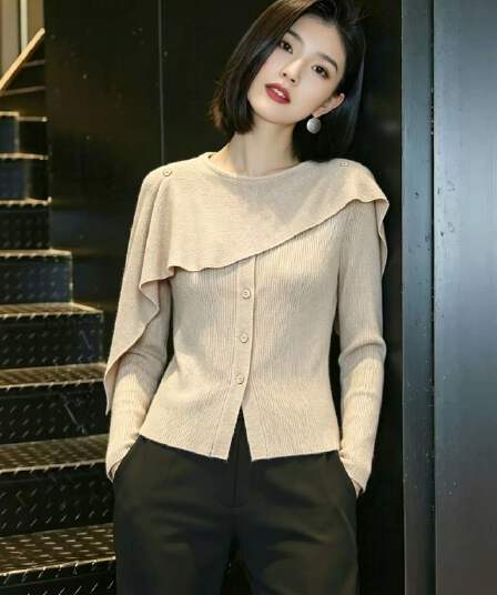 한 부서 착용 가져 가라. 회색 숄 니트 기본 셔츠 여성 가을 겨울철 작은 대중 디자인 센스 트임 밑단 긴팔 맨위