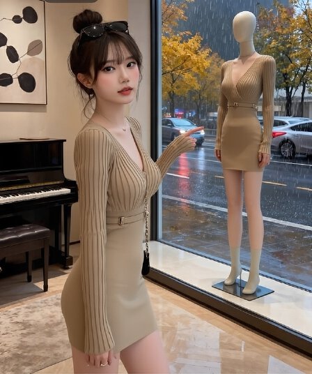 한국 품격 명문 여성 섹시함 V넥 홍콩 스타일 니트 스웨터 드레스 심장 기계 나이트 클럽 달콤한 매운맛 바람 타이트 스커트 미니 스커트