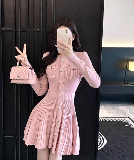 2026 년 가을 작은 샤넬 스타일 라운드 넥 긴팔 니트 드레스 허리 수축 A라인 스커트 작은 품질 품격 기본 스커트
