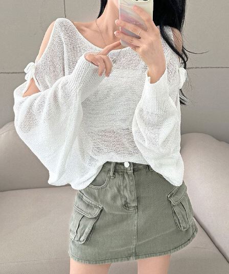 여름 프랑스식 디자인 센스 홀로우 아웃 스트랩 나비 매듭 루즈핏 긴팔 자외선 차단 니트 블라우스