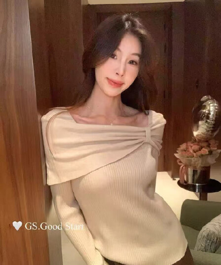 자이언트 잘 생긴 ~ 중 이른 가을 착용 가져 가라. 비틀림 오프숄더 니트 스웨터 여성 디자인 센스 작은 대중 고유 한 아름다운 긴팔 맨위