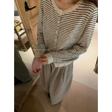 批发peanut花生家通勤慵懒条纹叠穿单品针织<b class='q'>开衫</b>
