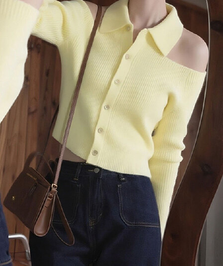 가을 겨울 POLO 칼라 작은 키 황색 행침 목 스웨터 니트 만나는 오픈 가디건 여성 인사이드 가져 가라. 디자인 센스 오프숄더 맨위