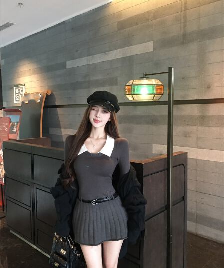 한국 부드러운 숙녀 학원 작은 샤넬 스타일 패치워크 페이크 레이어드 polo 폴로 칼라 니트 스웨터 드레스 벨트 포함