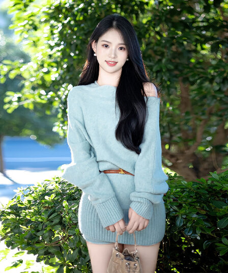 한국 라이 그램 음과 파란색 보트넥 비스듬한 어깨 니트 스웨터 드레스 작은 키 심장 기계 나이트 클럽 ol 초단 스커트
