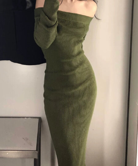 품격 명문 여성 롱 코트 생일 연례 회의 예복 고급 빛 럭셔리 작은 대중 섹시함 오프숄더 니트 드레스 가을