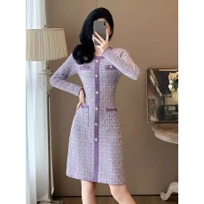 批发紫色小香风<b class='q'>春</b>秋针织连衣裙女高级感长袖气质名媛显瘦毛衣打底裙子