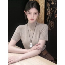 紫色短袖针织衫女士2026夏季新款洋气减龄显瘦气质通勤半高领上衣