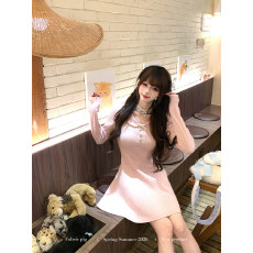 批发织物猪 粉红少女 <b class='q'>甜美</b>风长袖针织连衣裙女早秋修身显瘦百搭短裙子
