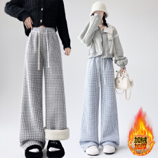 批发实拍羊羔绒阔腿裤女秋冬季新款高腰加绒加厚保暖裤<b class='q'>运动</b>格子裤子
