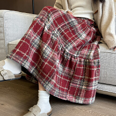 批发实拍秋冬圣诞红毛呢格子松紧腰显瘦高腰百搭蛋糕<b class='q'>裙</b>中长<b class='q'>裙</b><b class='q'>伞</b><b class='q'>裙</b>女