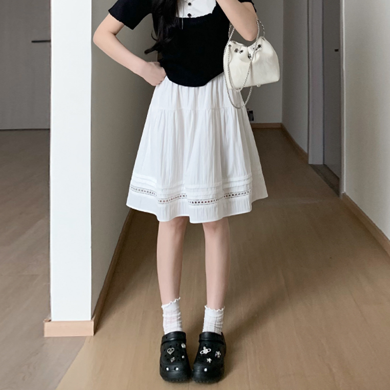 2026 실사 프랑스식 화이트 레이스 홀로우 아웃 반신 스커트 한국 스타일 jk 유니폼 중간 스커트 작은 키 미니 스커트 여성