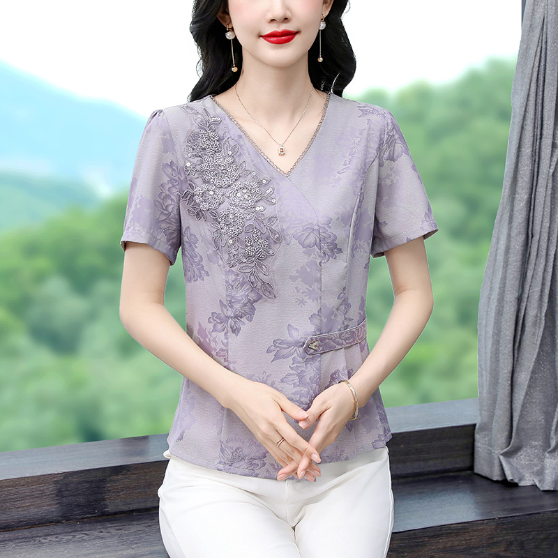 새로운 2025 여름 레트로 국풍 반팔 폴로 칼라 프린트 루즈핏 슬림해 보이는 몸매 가꾸기 빅 사이즈 맨위 여성