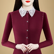 批发2025秋冬新款洋气时尚百搭气质蕾丝翻领拼接保暖打底上衣<b class='q'>小衫</b>