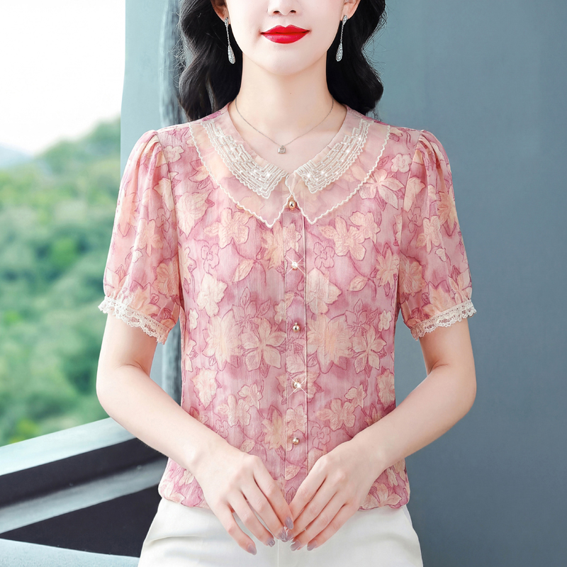 새로운 주간 실크 반팔 여름 어머니 드레스 표지 배 통기성 슬림해 보이는 라운드 넥 루즈핏 다용도 셔츠 빅 사이즈 여성