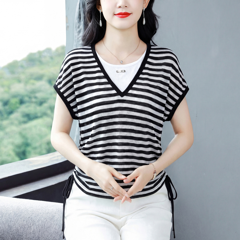 어머니 드레스 라운드 넥 외국 가스 작은 셔츠 패션 여름 반팔 티셔츠 연령 감소 다용도 여성 셔츠