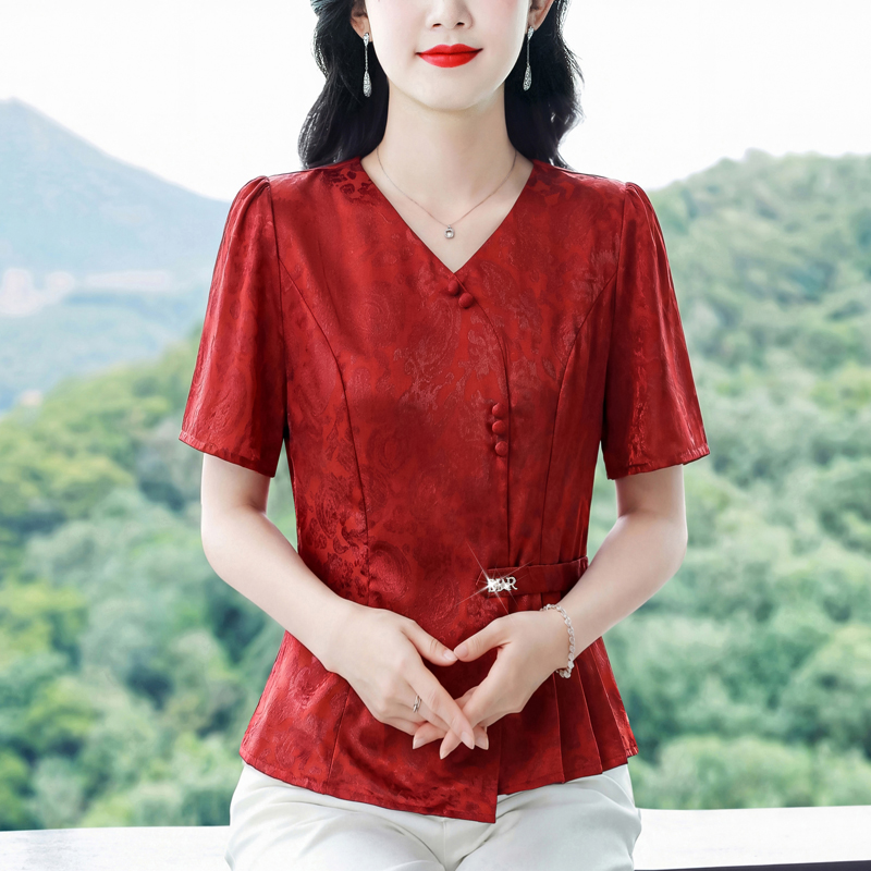 새로운 2026 여름 레트로 국풍 반팔 폴로 칼라 프린트 루즈핏 슬림해 보이는 몸매 가꾸기 빅 사이즈 맨위 여성