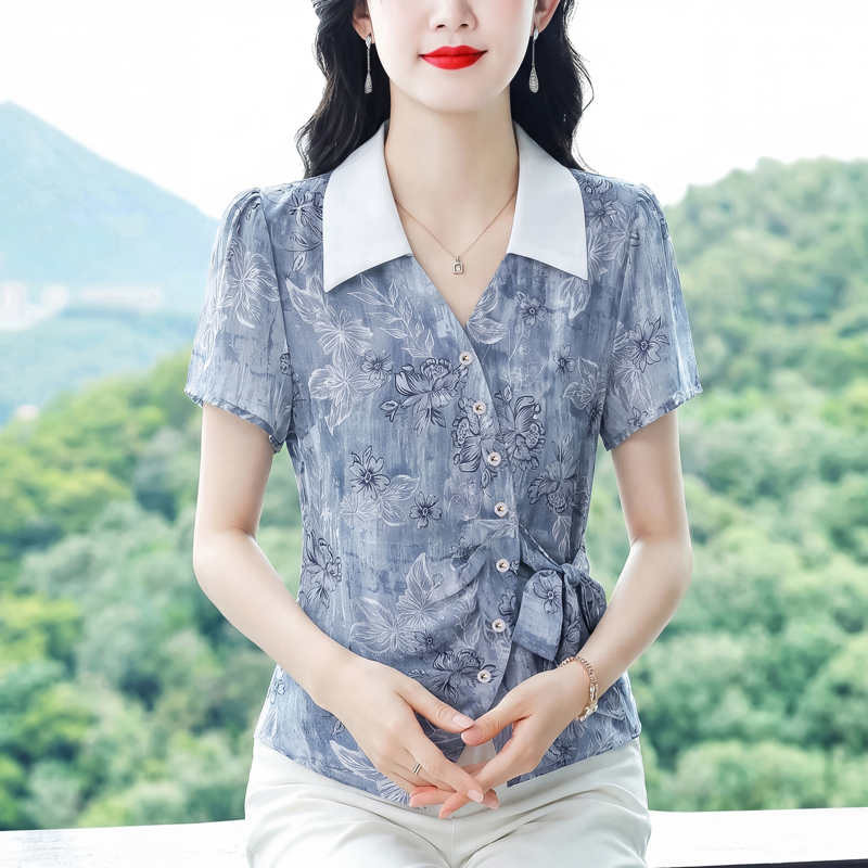 새로운 주간 실크 반팔 여름 어머니 드레스 표지 배 통기성 슬림해 보이는 라운드 넥 루즈핏 다용도 셔츠 빅 사이즈 여성