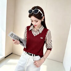 批发秋冬女装修身显瘦百搭上衣假两件中年妈妈装<b class='q'>长袖</b>时尚小衫