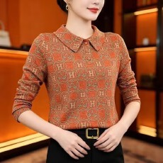 批发复古字母印花翻领长袖打底衫女C气质轻奢<b class='q'>妈妈</b>装长袖时尚百搭小衫