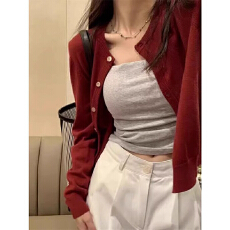 批发红色针织开衫女2025秋冬新款外搭短款<b class='q'>毛衣外套</b>显瘦长袖上衣打底衫