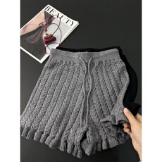 批发灰色木耳边针织短裤女2026新款秋冬宽松显瘦高腰麻花小个子<b class='q'>打底裤</b>