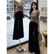 批发韩系灰色交叉V领针织衫女秋冬不规则毛衣修身内搭<b class='q'>打底衫</b>短款上衣