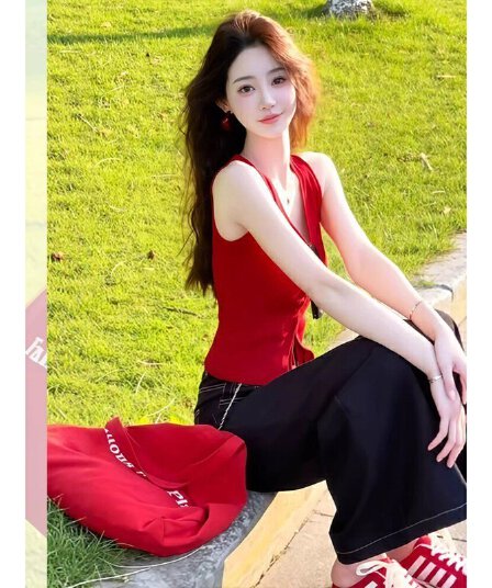 빨간색 슬립 허리 수축 민소매 티셔츠 여성 2026 새로운 여름 도파민 달콤한 매운맛 바람 chic 고급 센스 맨위