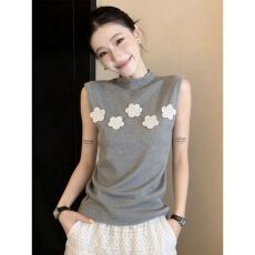 批发高级感别致半高领针织背心女夏季外穿设计感小众修身显瘦无袖上衣