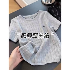 批发灰色刺绣冰丝短袖t恤女2026夏季薄款麻花<b class='q'>针织衫</b>短款法式小资上衣
